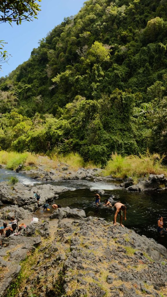 People swim and relax in a natural rock pool surrounded by rugged lava stones and dense green forest at the base of a steep, tree-covered hill.