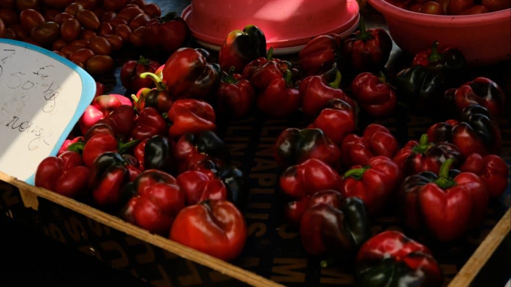 Pile of vibrant red and green bell peppers displayed at a market stall, with tomatoes in pink bowls and a handwritten price sign reading “3.50€/kg poivron rouge.”