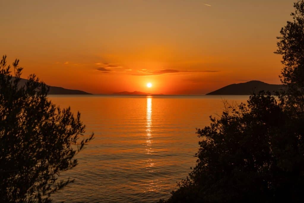 A vivid sunset over a calm sea, with the orange and gold hues reflecting off the water. Silhouetted trees frame the foreground while distant islands and gentle hills fade into the horizon.