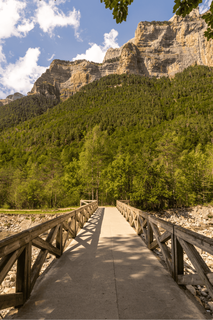 A wooden footbridge stretches over a rocky streambed, leading toward a dense forest at the base of towering, sunlit cliffs in a serene mountain setting.