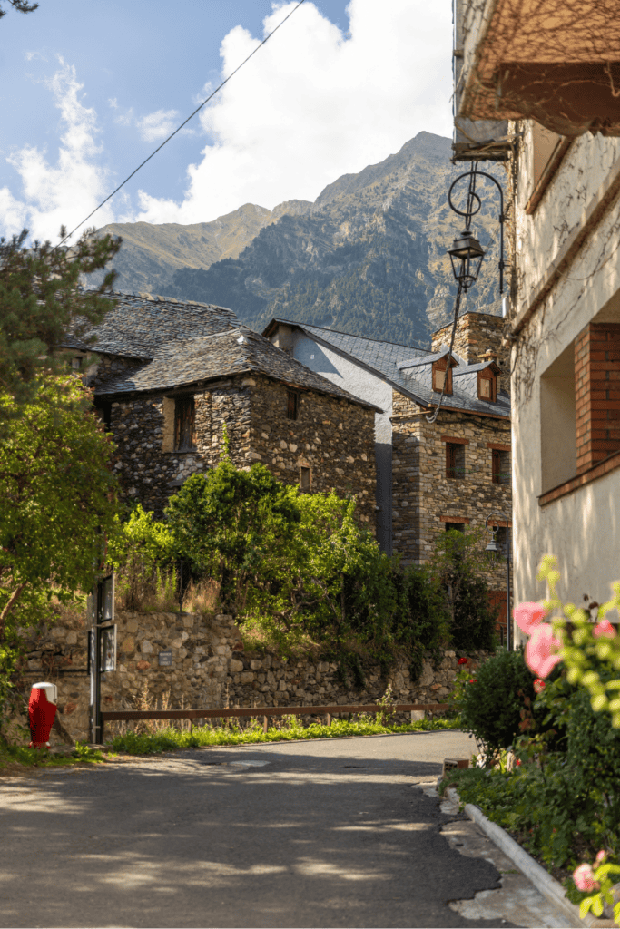 A narrow village street winds between rustic stone houses with slate roofs, framed by flowering plants and a mountain backdrop under a partly cloudy sky.