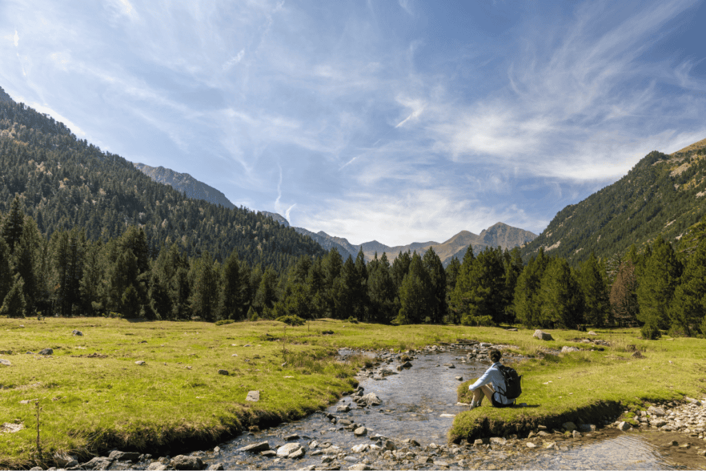A hiker sits beside a shallow, winding stream in a wide grassy meadow, surrounded by dense pine forests and distant mountain peaks under a sky streaked with wispy clouds. The peaceful setting highlights the solitude and beauty of nature in a high-altitude valley.