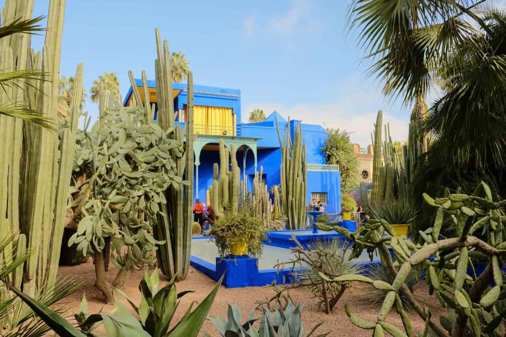 The cobalt blue villa and fountain at Jardin Majorelle in Marrakech, framed by tall cacti, prickly pears, and palm fronds, with a bright yellow window accent on the upper floor.