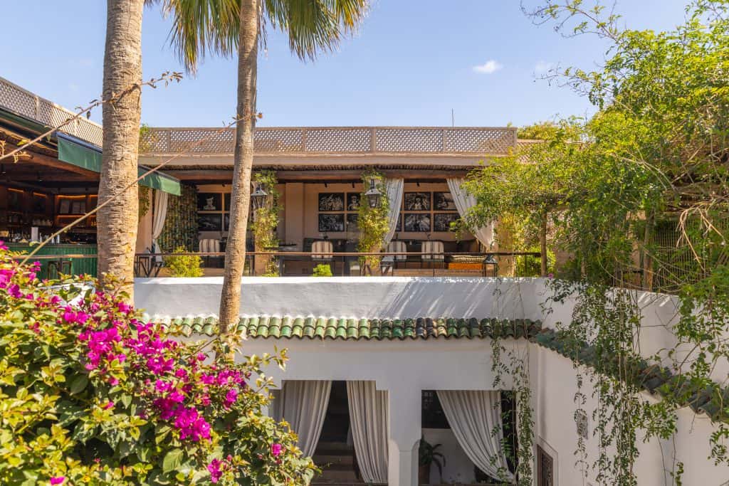 Exterior view of a Marrakech rooftop restaurant with white walls and a green-tiled roof, featuring an open-air upper terrace with framed black-and-white photographs, flowing white curtains, and tall palm trees, with bright pink bougainvillea spilling over a lower wall.